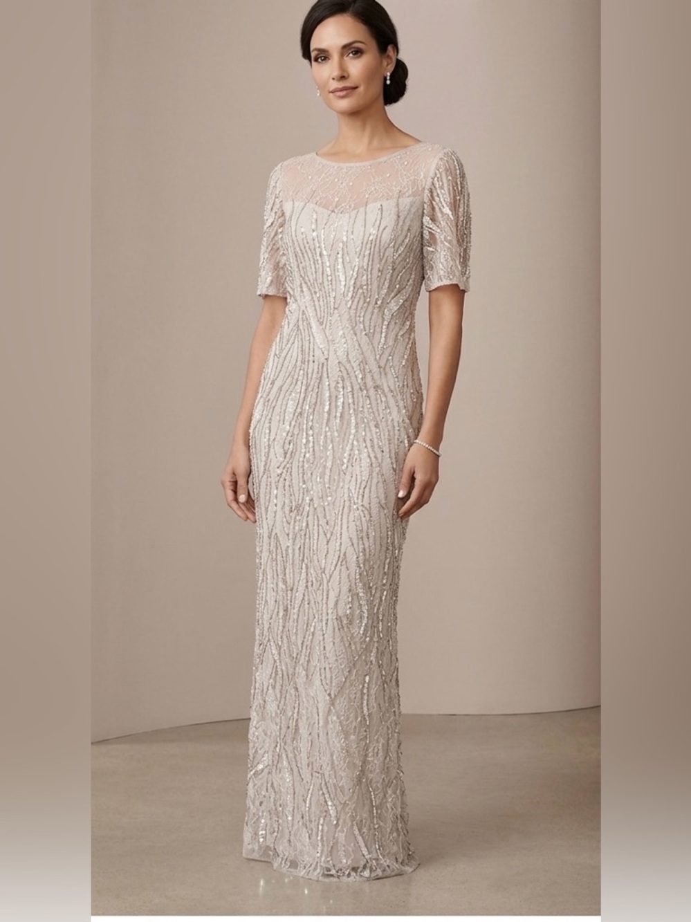 Adrianna Papell Silver Sequin Long Sleeve Dress